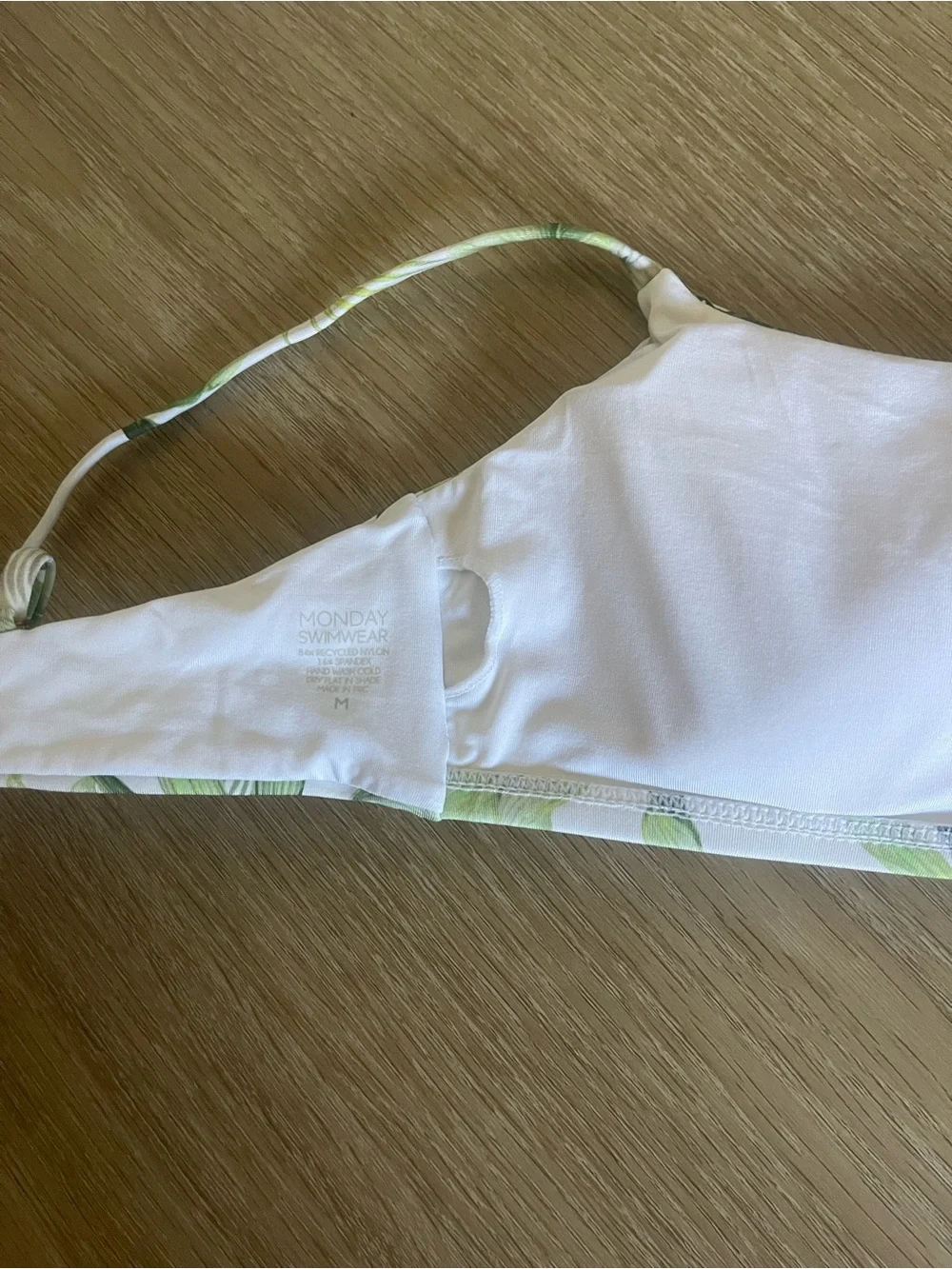 Monday Swimwear White Bikini Top with Green Leaf Print